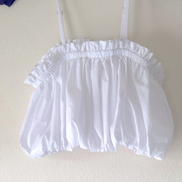 Cinqt a Sept Ivee puffball cropped cotton top Reg. $225 white SZ XXS | O/2 - Picture 7 of 7